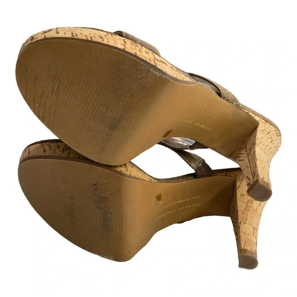 Chinese laundry denim and gold strapped cork heels size 10M